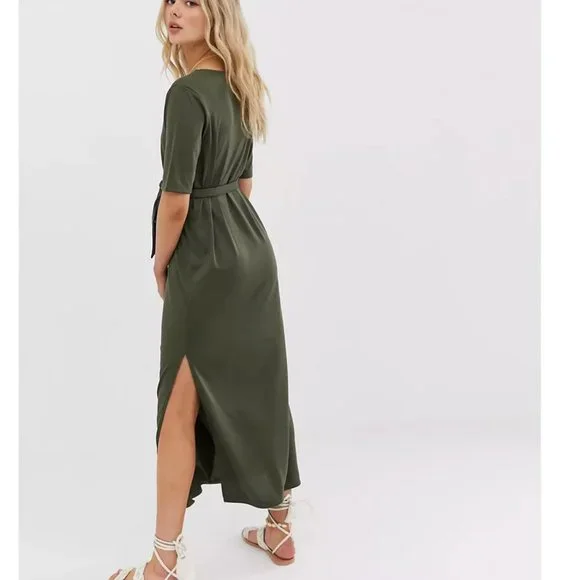 ASOS olive green belted maxi dress w/side slit 6 - Picture 3 of 9